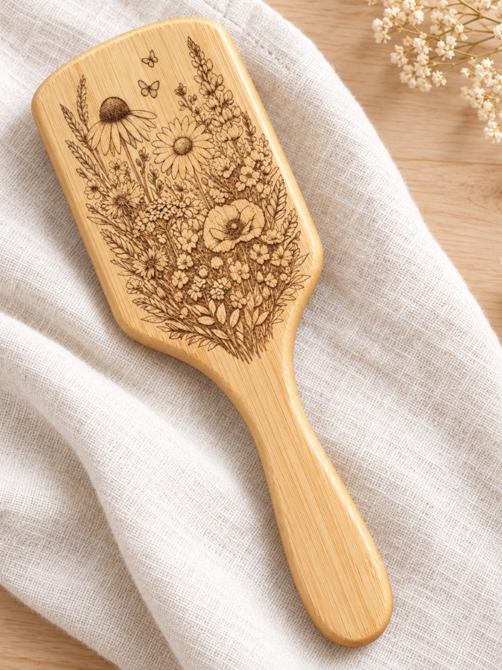 Engraved Bamboo Wildflower Paddle Hairbrush Floral Cottagecore Gift